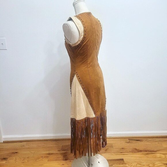 Designer Two Tone Suede Studded Fringe Midi Dress - Picture 6 of 7